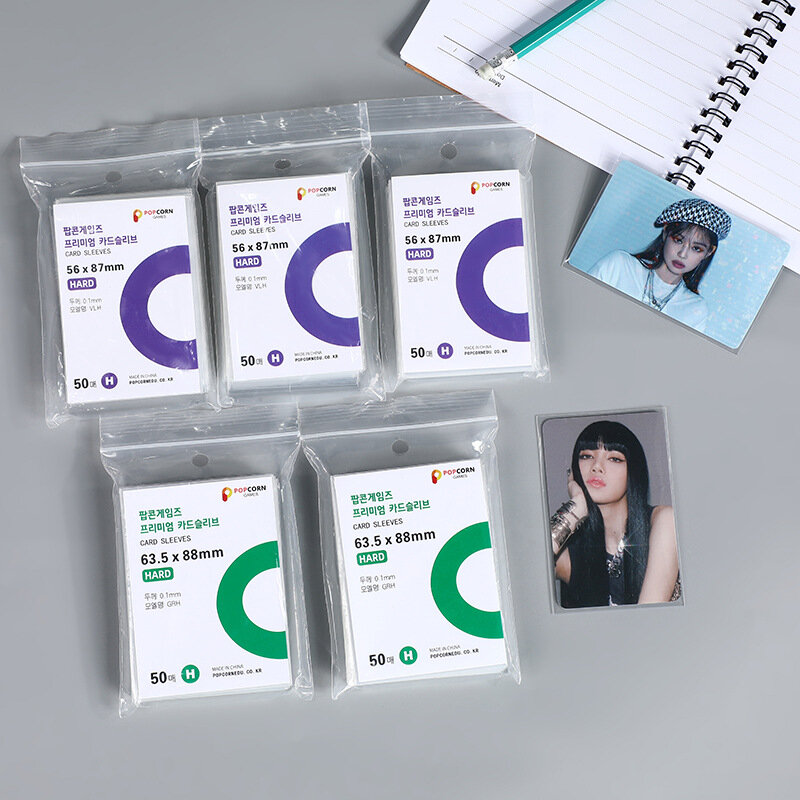 Kpop Roxo Photocard Holder, Clear Pipoca, 56x87 Card Sleeves, Filme Protetor Fotográfico Transparente para Imagens, 1 Saco, 50Pcs