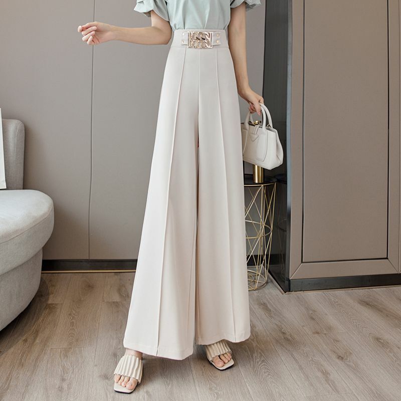 Escritório senhora moda cintura alta metal emendado calças largas perna primavera verão elegante cor sólida calças casuais roupas femininas