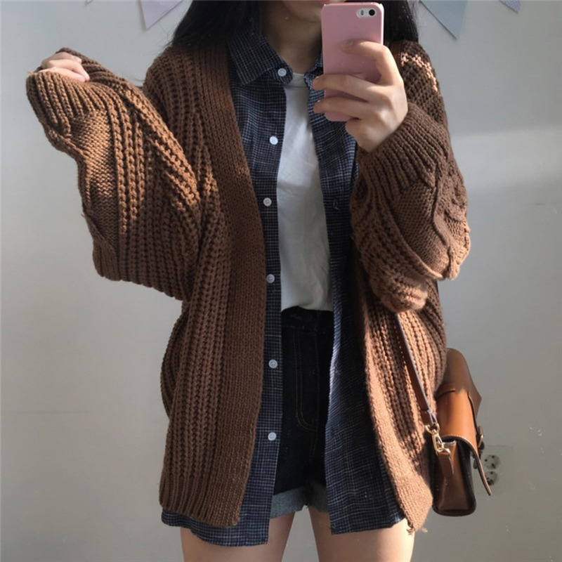 Casaco de malha torcida de manga comprida feminina, suéter frontal aberto, cardigã extragrande, doce moda coreana, outono, inverno, novo