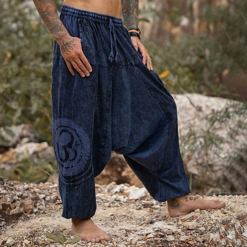 Męskie długie spodnie w stylu Vintage etniczny nadruk luźne spodnie ze sznurkiem męskie z boczne kieszenie wygodnymi odzież na co dzień spodniami elastyczne