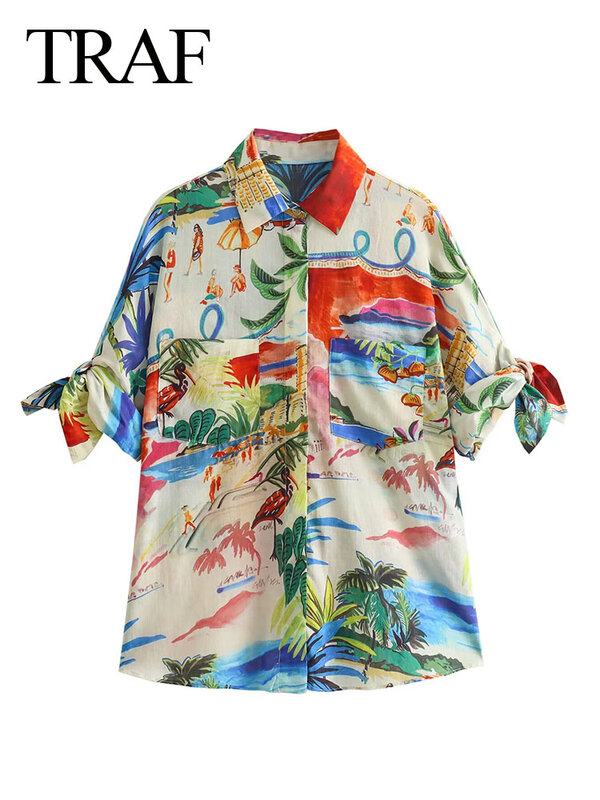 TRAF-Blusa de manga curta feminina, blusa estampada vintage, bolsos de peito único, decoração de lapela, casual, chique, elegante