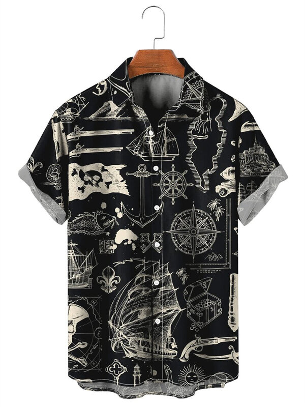 Vintage Shirt Voor Mannen 3d Navigatie Print Korte Mouw Mannelijk Shirt Revers Knoop Heren Kleding Casual Mode Top Oversized T-Shirt