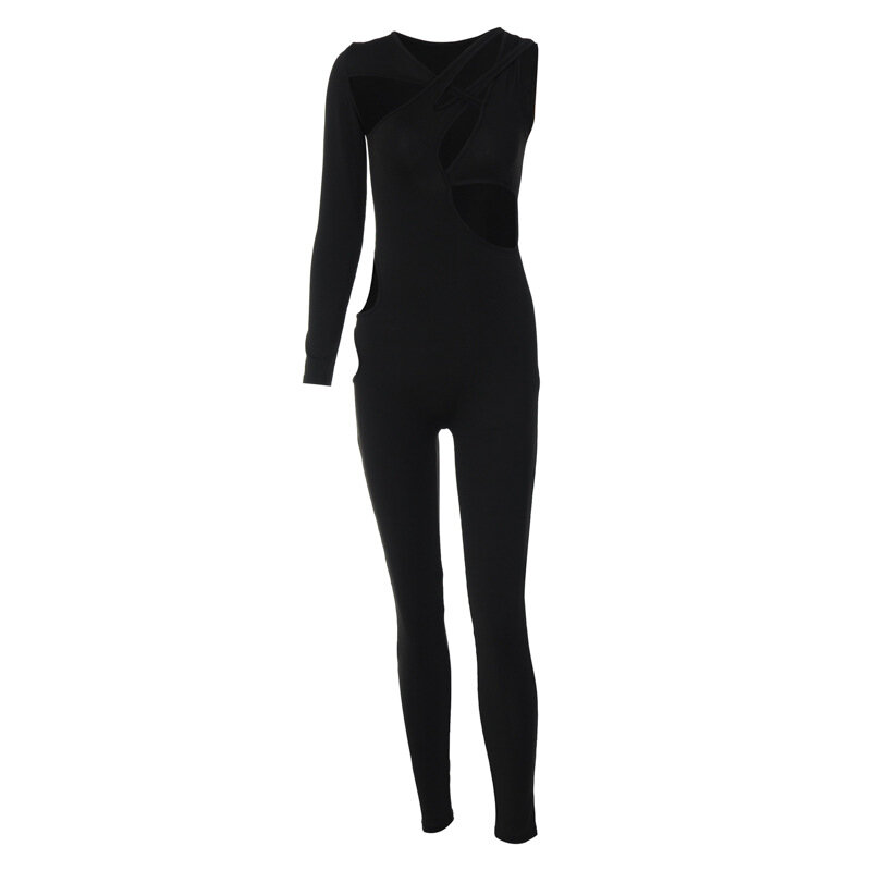 American Y2k Women's Autumn New Fashion and Sexy Hollow out Slim Fit One Shoulder Long Sleeve Jumpsuit