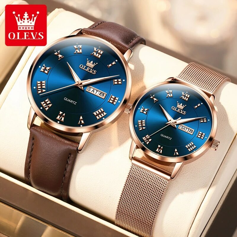 OLEVS Fashion Brand Couple Watch Luxury Waterproof Quartz Wrist Watch Week Calendar Luminous His and Hers Dress Lovers Original