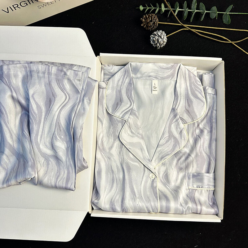 Primavera autunno nuovo pigiama di seta simulato per le donne pantaloni a maniche lunghe Halo tintura abbigliamento per la casa Set Casual Ladies Sleepwear