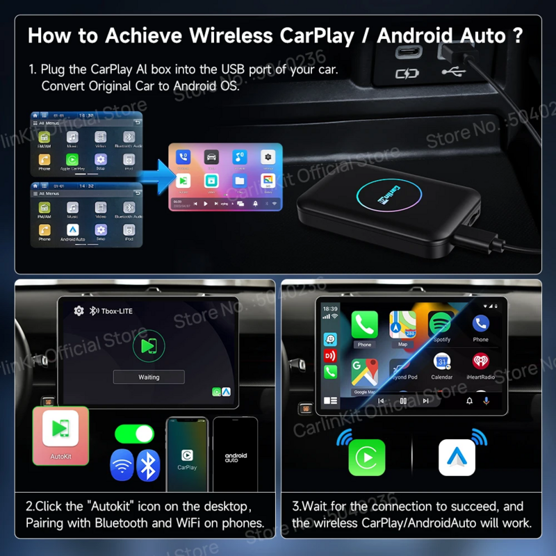 CarlinKit-Caixa de TV inteligente sem fio, Android Auto, Quad-Core, 3 em 1, adaptador para Youtube, AI, 3 em 1, 32G