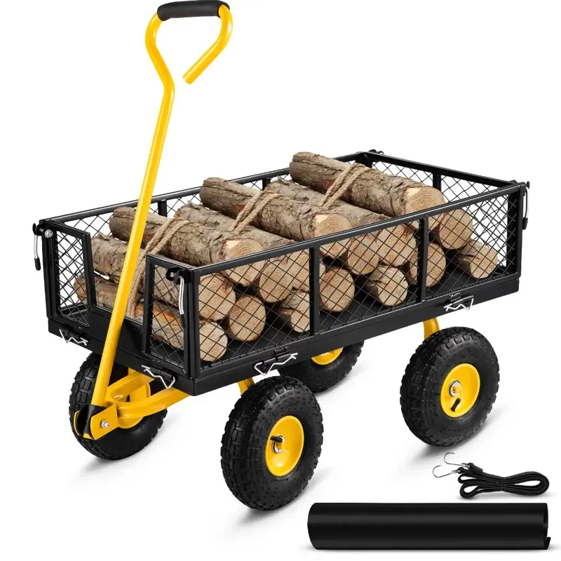 Aço Garden Cart com lados de malha removível, Heavy Duty Cart, 900 lbs Capacidade, 180 ° punho rotativo, 10 em pneus, frete grátis