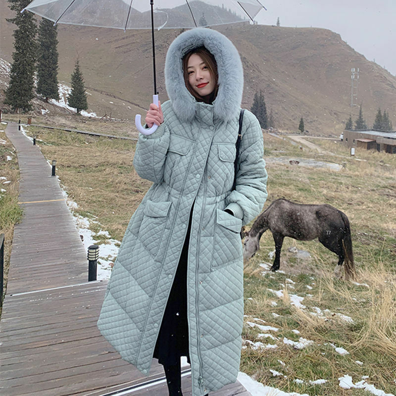 Women's Winter White Duck Down Collar Diamond Down Jacket Korean Solid Color Long Coats and Jackets Women Fox Fur Coat Parkas
