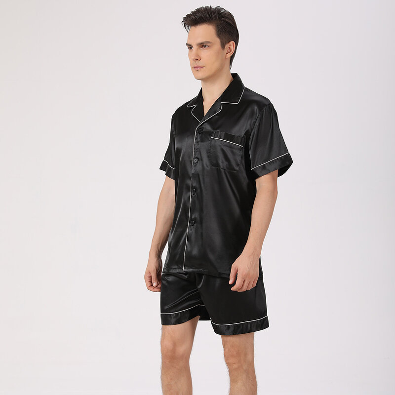 남성용 블랙 홈웨어 잠옷 세트 셔츠 및 반바지, 새틴 반팔 잠옷, 남성 루즈 라운지웨어 잠옷, 2 개