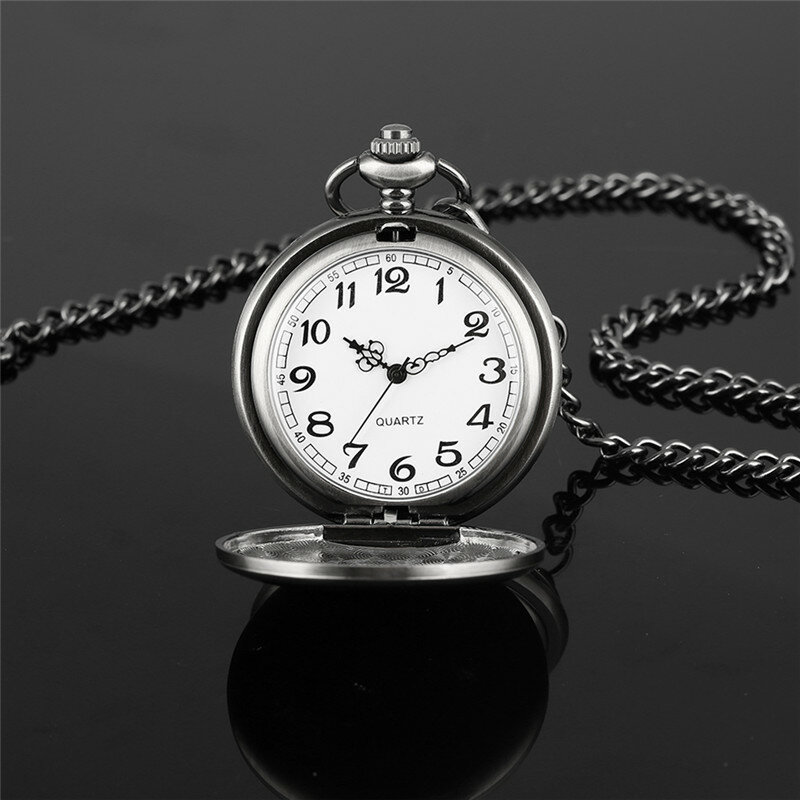Vintage Matte Black Silver Full Hunter Cover Unisex's Quartz Pocket Watch Necklace Pendant Chain Arabic Number Timepiece Gift