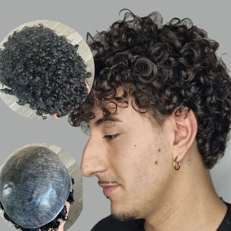 Rambut palsu pria keriting 18mm manusia alami kulit tipis tahan lama dasar Pu penuh Sistem prostesis rambut manusia pria garis rambut alami