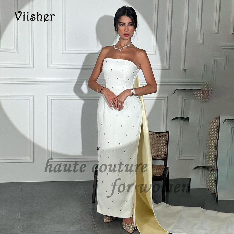 Gaun Prom putri duyung Dubai Arab untuk wanita gaun pesta malam tanpa tali bahu Satin manik-manik dengan gaun Prom Formal punggung terbuka