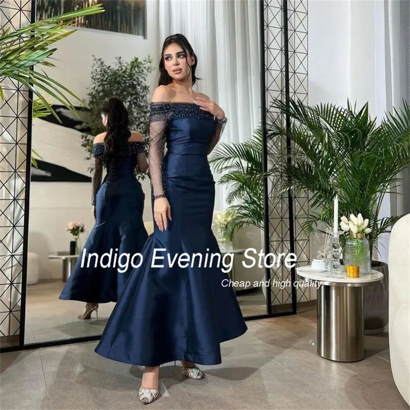 Indigo Prom Dress Mermaid Long Sleeve Beading Ankle-Length Open Back Off The Shoulder Elegant Evening Gowns For Women فساتين الس