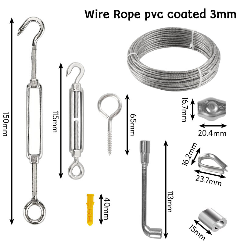 Kit de suspension à câble métallique en acier inoxydable 304, 20m/30m, 3mm, vêtements enduits de PVC avec tendeur à crochet, fil de jardin pour luminaires