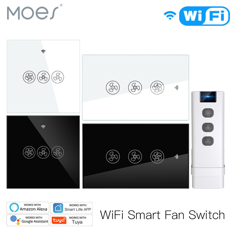 WiFi RF433 Smart Ceiling Fan Switch Smart Life/Tuya App 2/3 Way control Wireless Remote Control Works with Alexa and Google