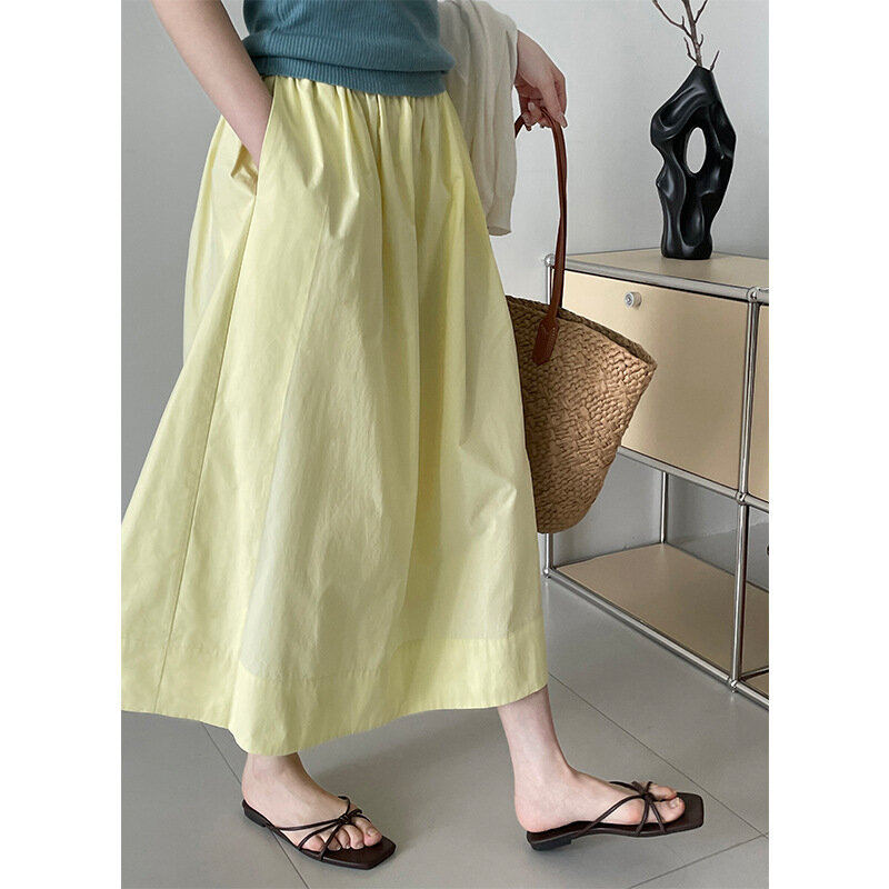Летние юбки из чистого хлопка с карманами и высокой эластичной талией, корейские повседневные трапециевидные юбки средней длины