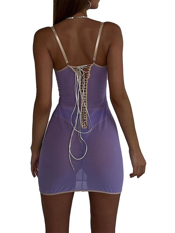 Damska seksowna piżama fioletowa komplet z dekoltem w szpic prześwitująca przezroczyste body sukienka z halką na ramiączkach + stringi piżama bielizna