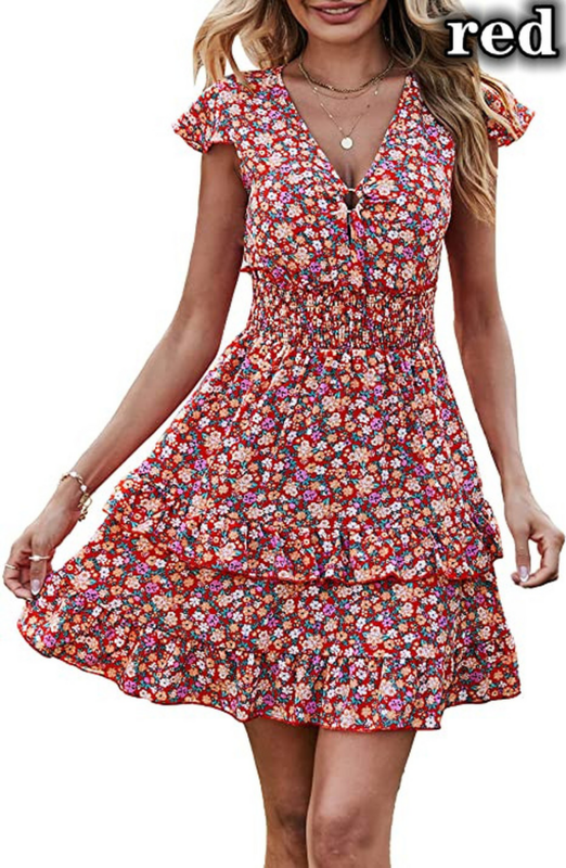 2023 여름 여성 보호 V넥 플로럴 프린트 플리츠 슬리브 레이어드 미니 드레스, 귀여운 모임 튜닉 짧은 여성 드레스