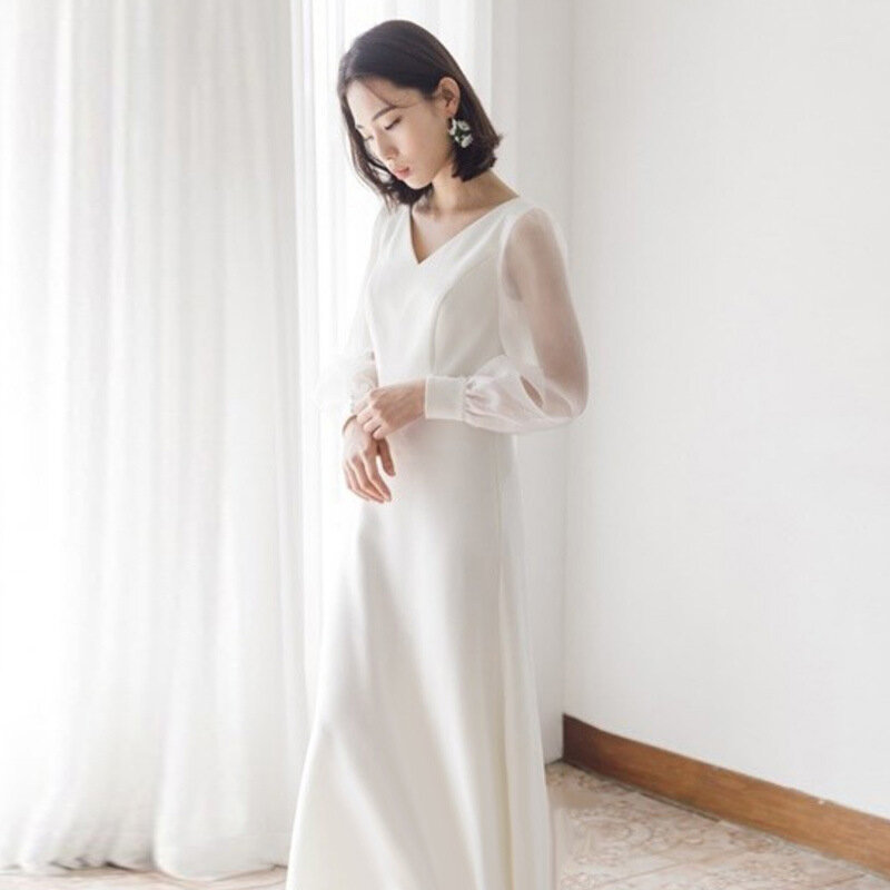 Женское свадебное платье с V-образным вырезом, элегантное привлекательное длинное вечернее платье Френч белого цвета для гостей, модель 2024 на лето