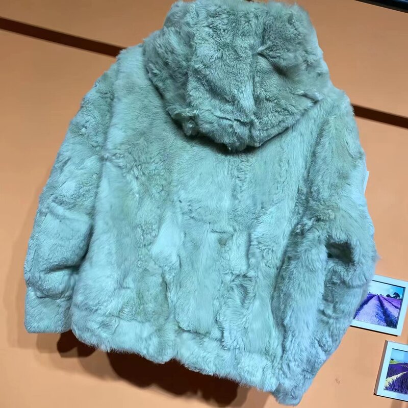 Abrigo de piel de conejo Rex Real para mujer, Chaqueta corta gruesa y cálida con capucha, ropa de invierno, 2023
