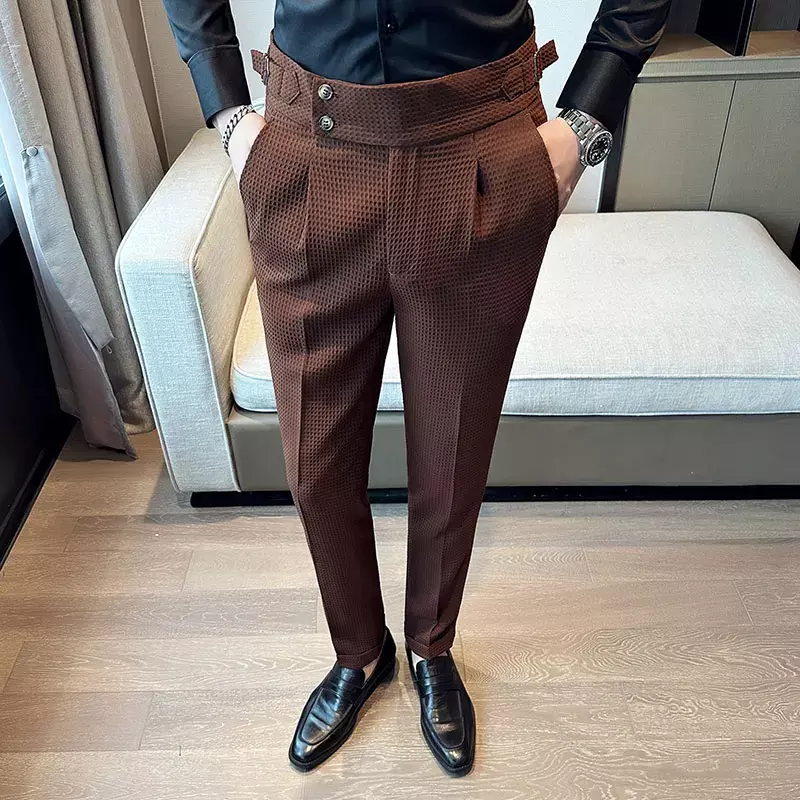 Celana Setelan Kasual Bisnis Waffle Pinggang Tinggi Hombre Pantalon Musim Gugur Musim Dingin untuk Pakaian Pria Celana Panjang Pakaian Formal Slim Fit 36