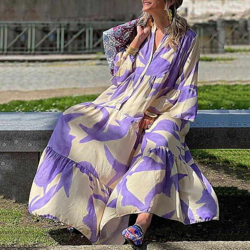 Gaun Maxi gaya Bohemian wanita, Gaun bercetak dengan warna yang cocok, gaun musim panas perca lipit kerah V untuk wanita