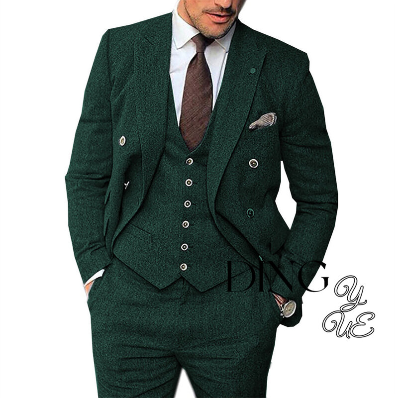 Мужской костюм из 3 предметов, классические твидовые смокинги в елочку с вырезом на лацканах (Блейзер + жилет + брюки)