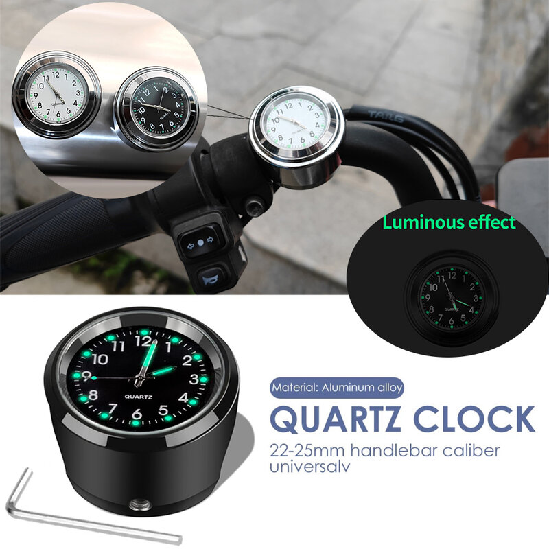Universal Motorcycle Bike Handlebar Mount Quartz Watch, Relógio luminoso de alumínio, impermeável Chrome Styling, Moto Acessórios
