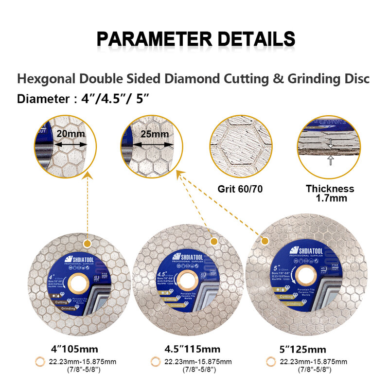SHDIATOOL-Disco de Moagem de Corte de Diamantes, Hex Lateral Duplo, Granito, Cerâmica, Rebarbadora de Mármore, Cut Tile Plate, 1Pc, 105mm, 115mm, 125mm