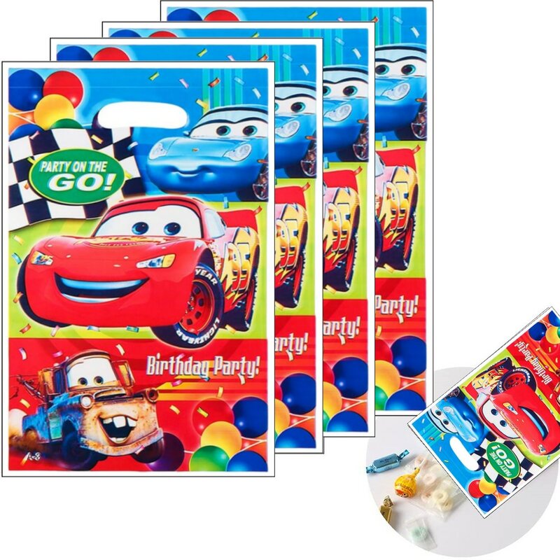 Disney Cars-bolsa de plástico para caramelos para niños, bolsa de regalo con asa, suministros de decoración para fiestas de cumpleaños con temática de Rayo McQueen