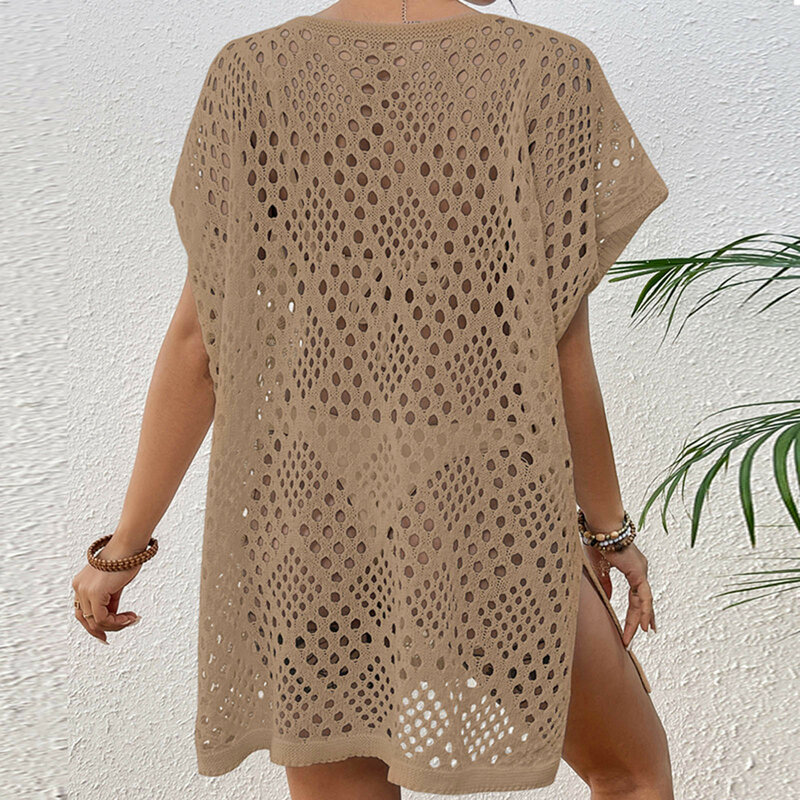 女性用のかぎ針編みのビーチドレス,半袖,Vネック