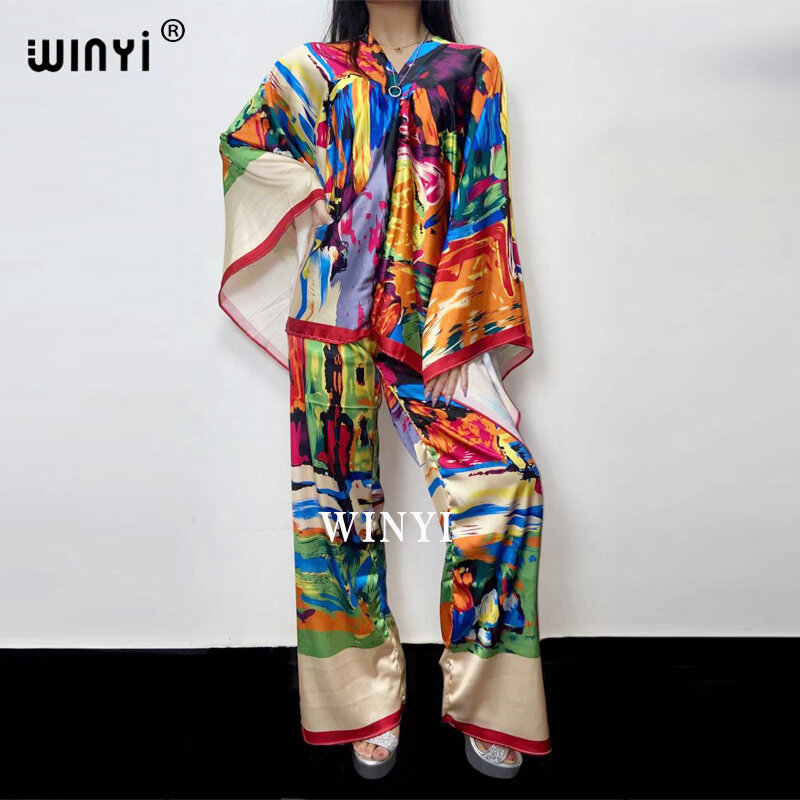 Winyi zweiteiligen Anzug Bohemian gedruckt über Größe V-Ausschnitt Fledermaus Ärmel Kleid Frauen elastische Seide bodenlangen New Fashion Tide