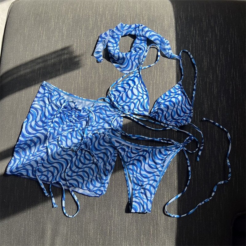 3 Piece Wave Pattern Women's Bikini Swimsuit Top+Underwear+Short Mini Prom Dress Summer Party Beach Holiday Skirt Hot Girl