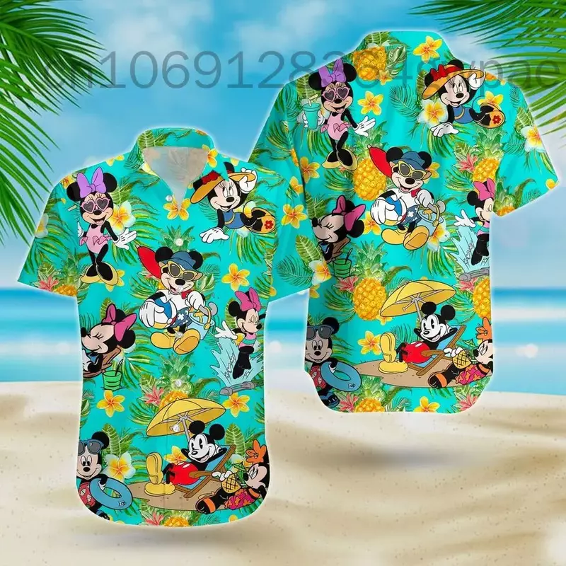 Disney-Chemise hawaïenne Minnie pour hommes et femmes, chemise de plage à manches courtes, chemise boutonnée de fête décontractée, streetwear à la mode