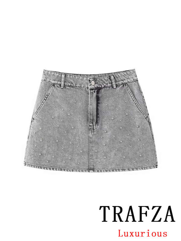 TRAFZA Vintage Casual Chic Women Skirt Solid Slim Faux Pearls Denim Short Skirt New Fashion 2024 Summer Streetwear Mini Skirt