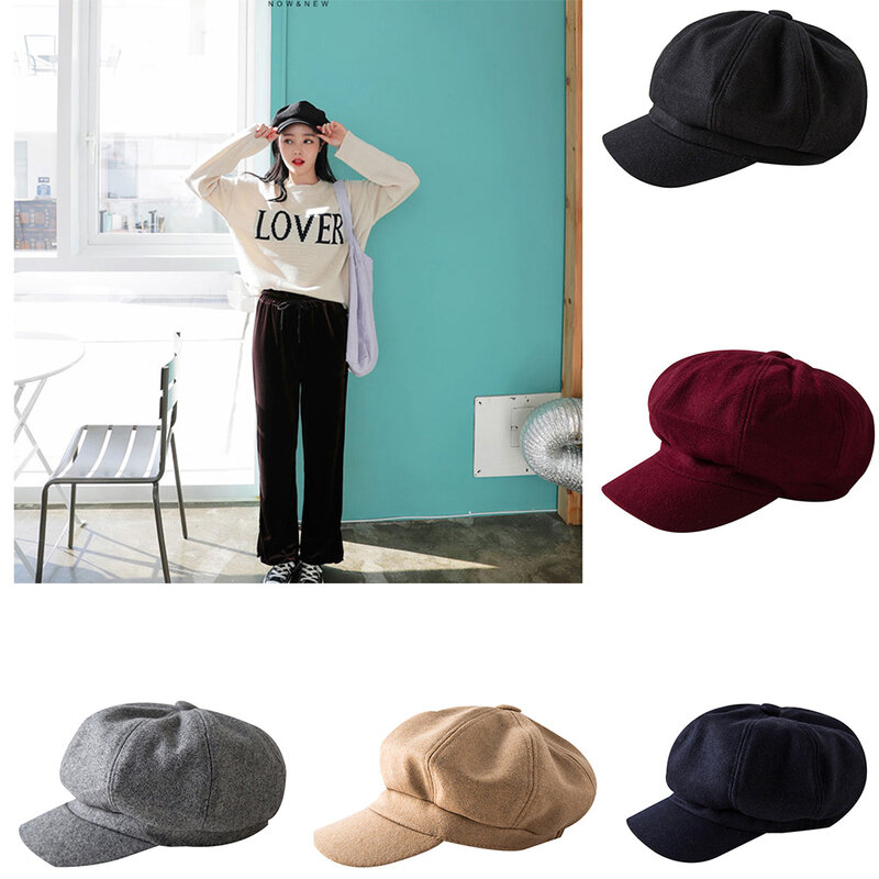 Boina octogonal de lã feminina, chapéu de jornaleiro, boné de pintor, macio, vintage, outono, inverno