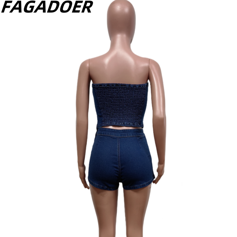 FAGADOER Blue Fashion Elasticity Denim Shorts Two Piece Sets Women Sleeveless Slim Top And Shorts Outfits Summer Cowboy Clothing