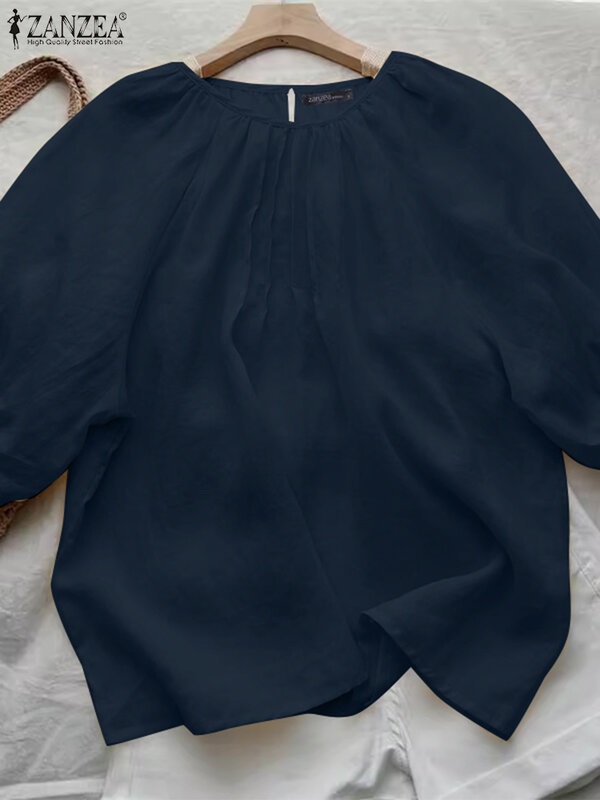 Blus longgar kasual Korea ZANZEA, tunik leher bulat Musim Panas 2024, blus longgar kasual, atasan lengan pendek, baju Vintage elegan, Blus lipit Solid