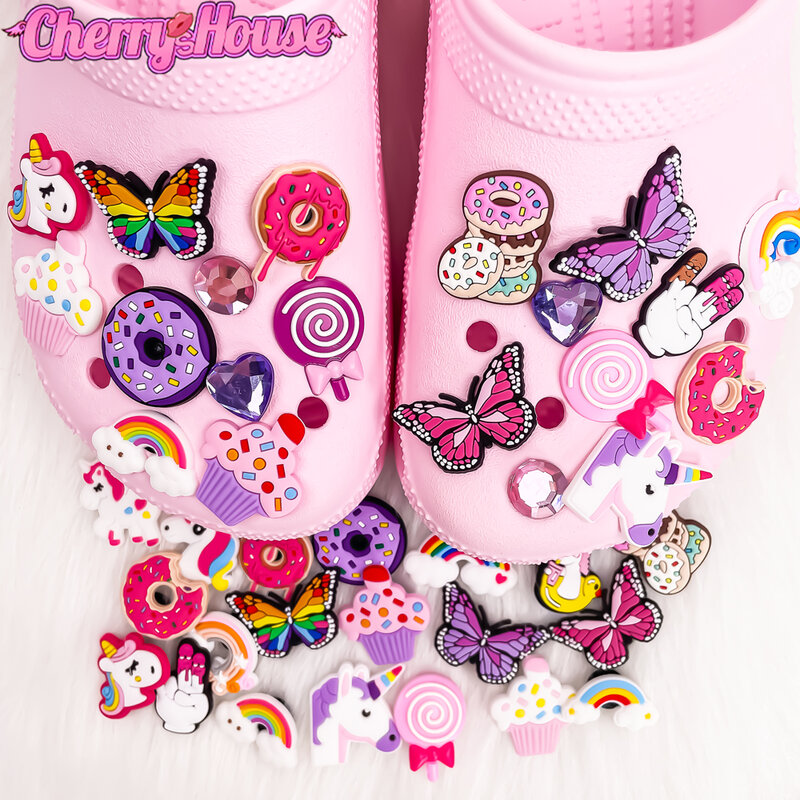Cute Shoe Encantos para Meninas, Fit Sandália Acessórios, Decorações de Sapato Feminino, Pins, Unicórnios, Donuts, Rainbow Party, Favor Gift, 1Pc