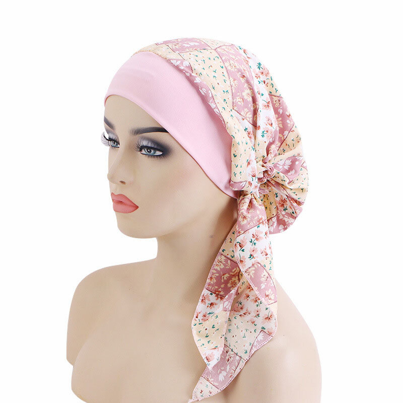 Topi Turban Hijab Muslim wanita, motif bunga, jilbab katun elastis, syal kepala jilbab muslim