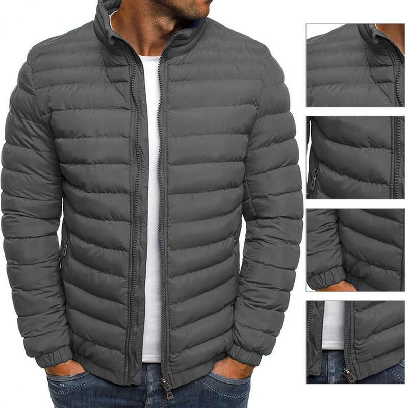 Puffer Jacket Popular Zipper Pockets Parka Jacket Casual Winter Coat  Stand Collar Men Coat for Working