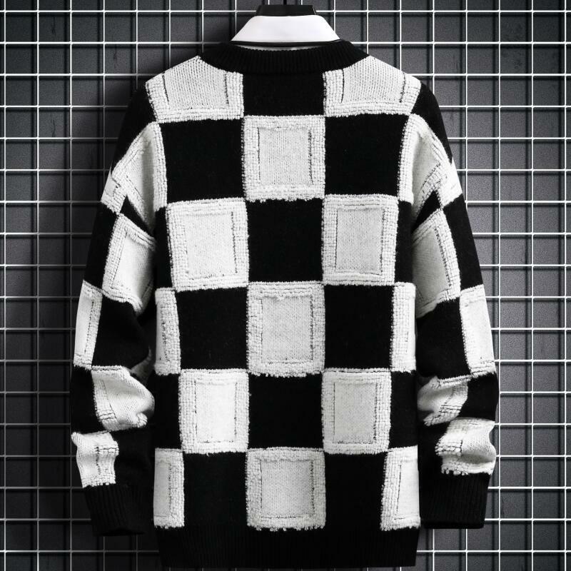 New Fall Winter Korean Style Mens Pullovers Sweaters High Quality Thick Warm Cashmere Sweater Men Luxury Plaid Pull Homme