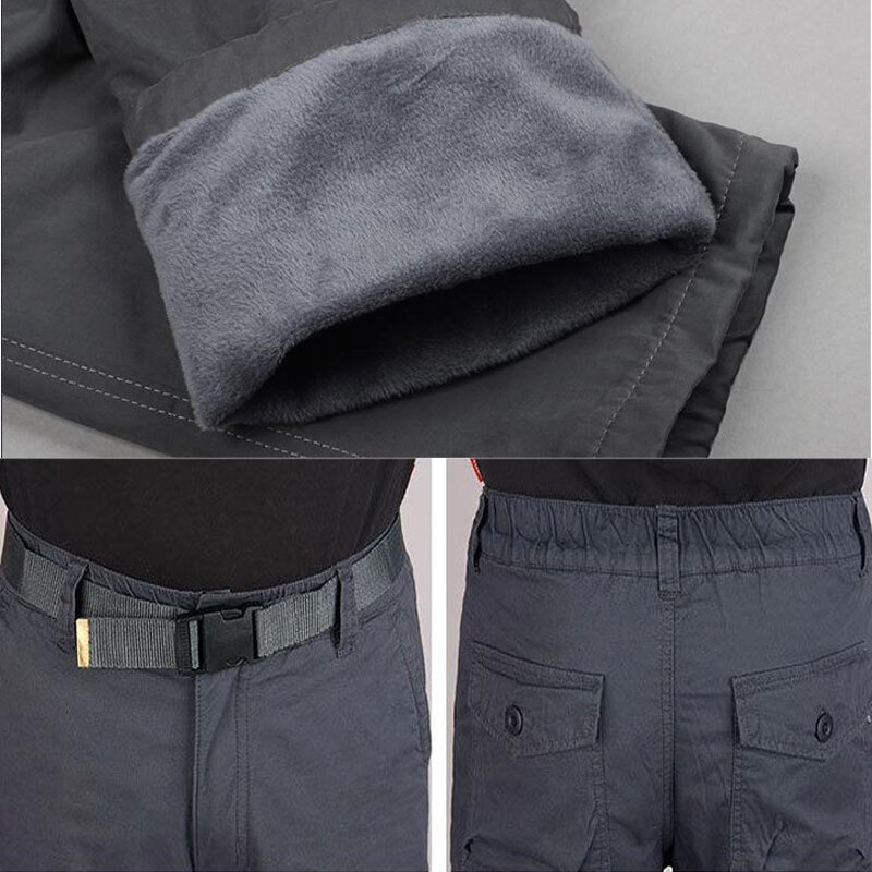 Calça casual de lã grossa masculina, calça tática de algodão, calça longa reta térmica quente de dupla camada, inverno