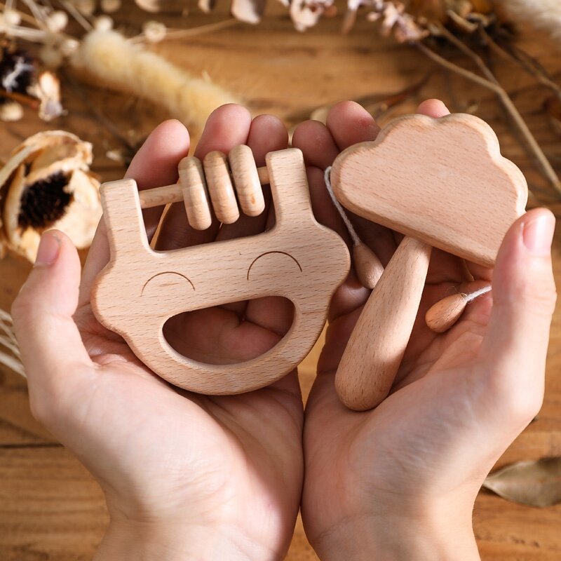 8pc/12pc Newborn Baby Wooden Rattles Set 0 12 Months Wooden Baby Rattles Make Sound Sensory Toys Set Gift Teether Montessori Toy