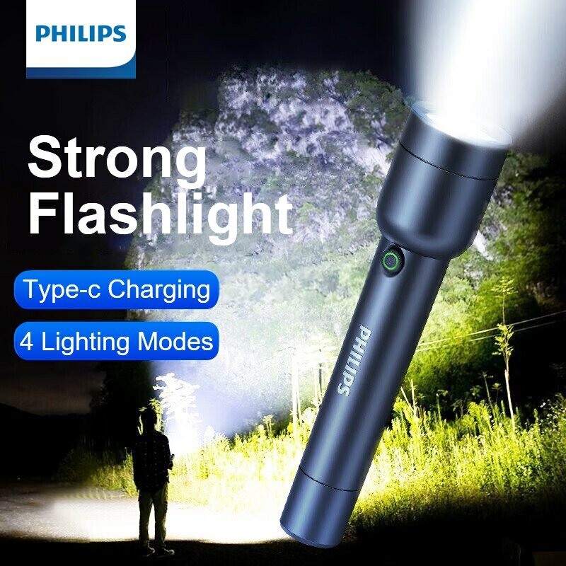 Philips-linterna LED con batería recargable USB 18650, 4 modos de iluminación, resistente al agua, para acampar al aire libre, autodefensa
