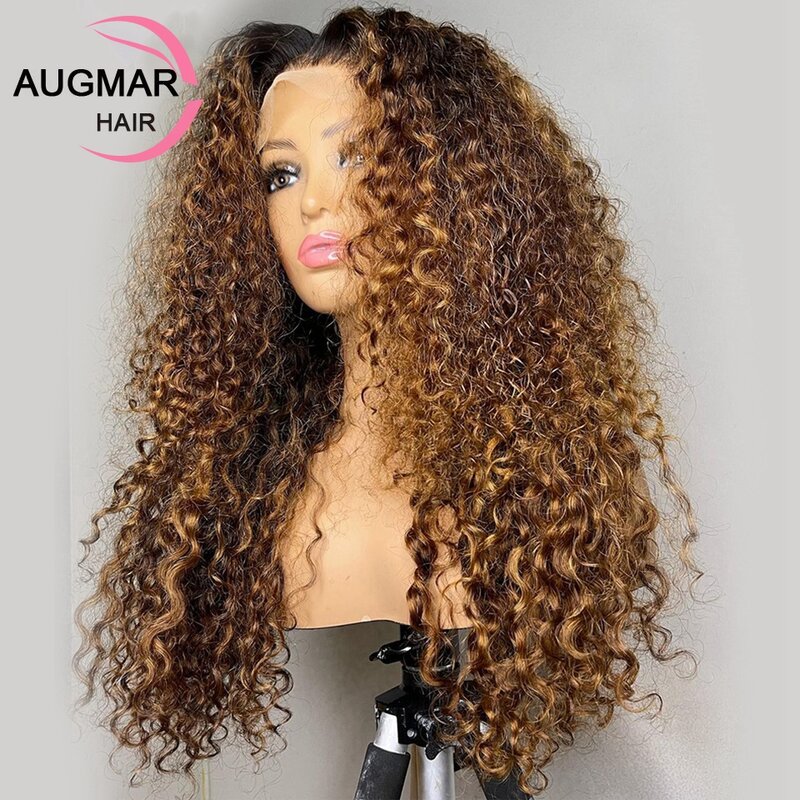 Peluca de cabello humano rizado con malla Frontal para mujer, postizo de densidad de 180, 13x4, degradado, rubio miel, transparente, 13x6, HD