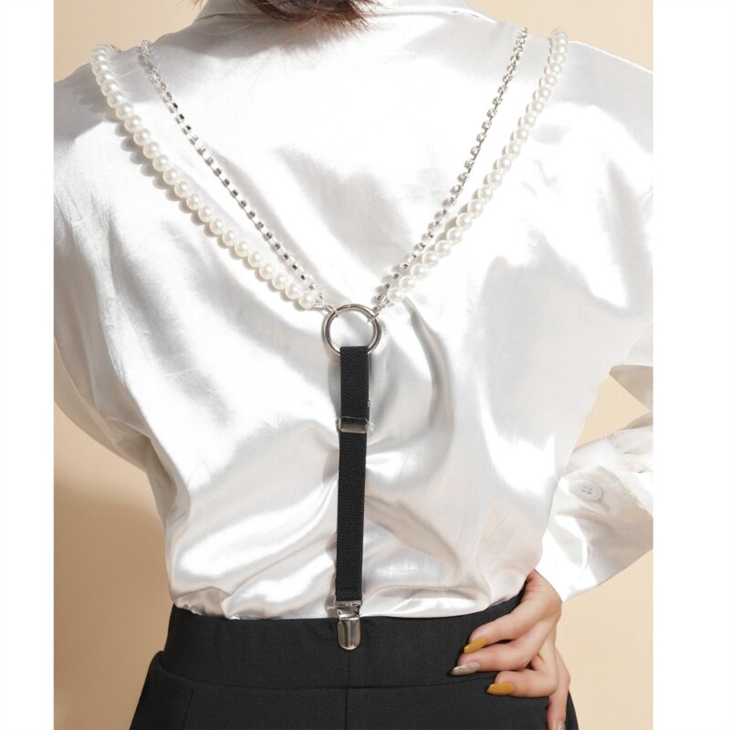 Adjustable Pearl Suspender Straps Unisex Woman Girls Y Elastic Clip on Suspenders 3 Clip Pants Brace