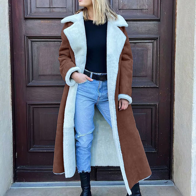 Jaqueta de pelúcia longa do falso feminino, sobretudo de lã quente, casaco de pele, lapela lambswool integrada, outwear inverno