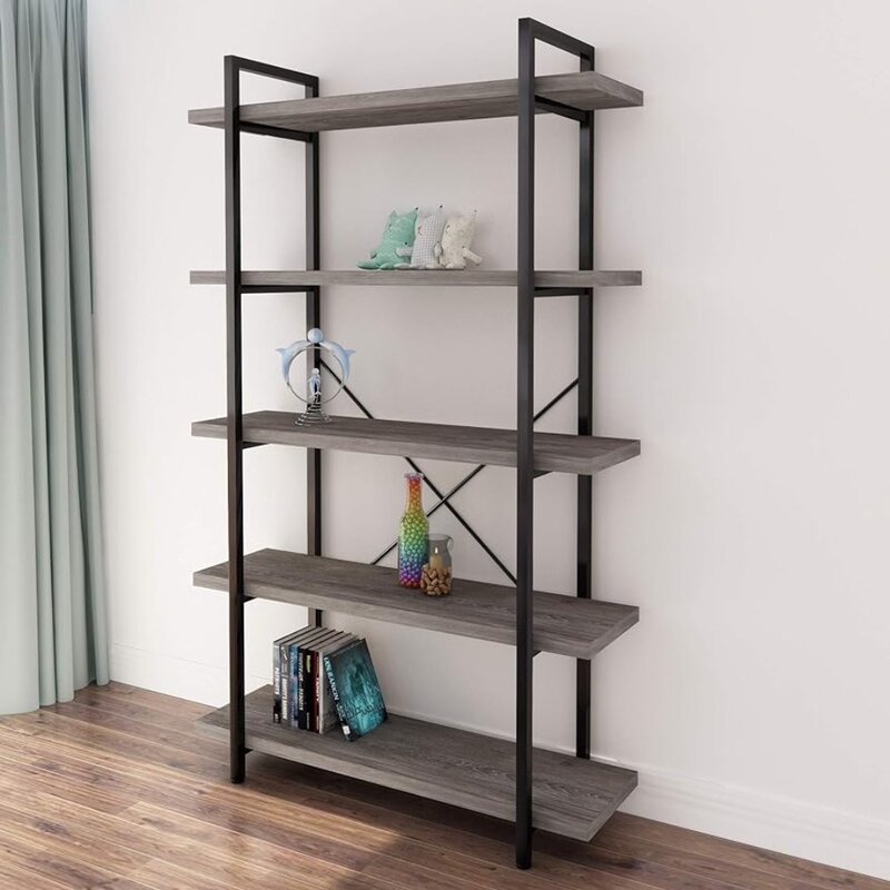 45MinST 5-Tier Vintage Industrial Style Bookcase/Metal and Wood Bookshelf Furniture for Collection, Gray Oak,3/4/5 Tier (5-Tier)