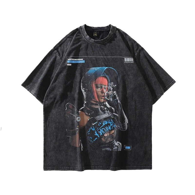 올드 반팔 프린트 상의, 힙합 펑크 레트로 다크 y2k 90 년대 패턴, 루즈 캐주얼 라운드넥 티셔츠, 여름 세탁